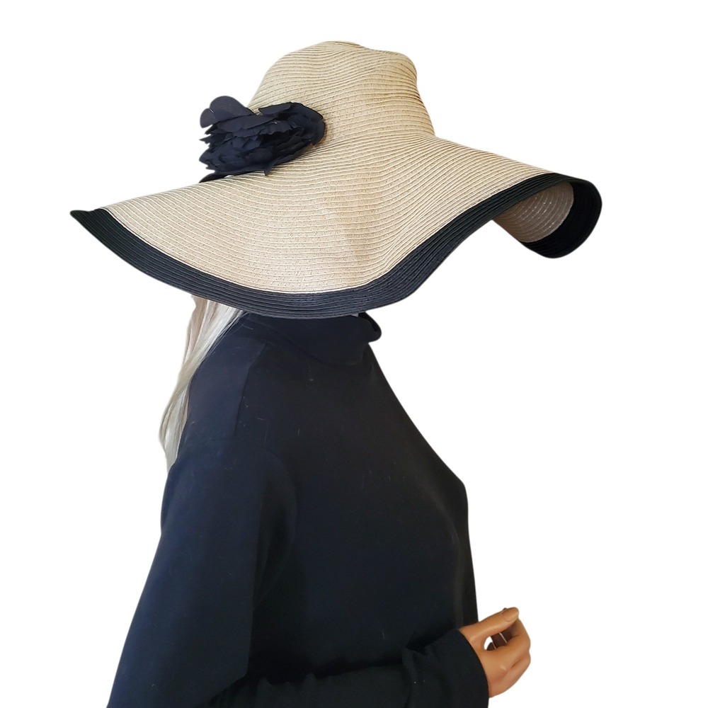 Nine West Womens Huge Floppy Sun Hat Tan Black Wide Brim Floral Straw Beac